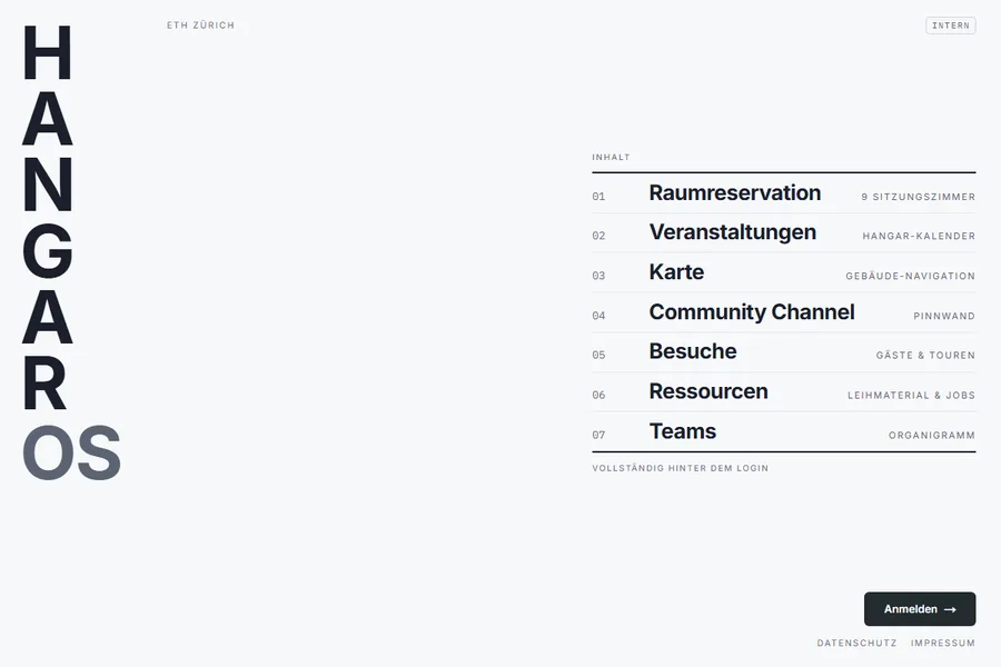 Screenshot of the Hangar OS landing page